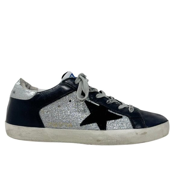 Golden Goose Superstar Sneakers Women Size 37 Silver Glitter Black Star Leather - Picture 2 of 15